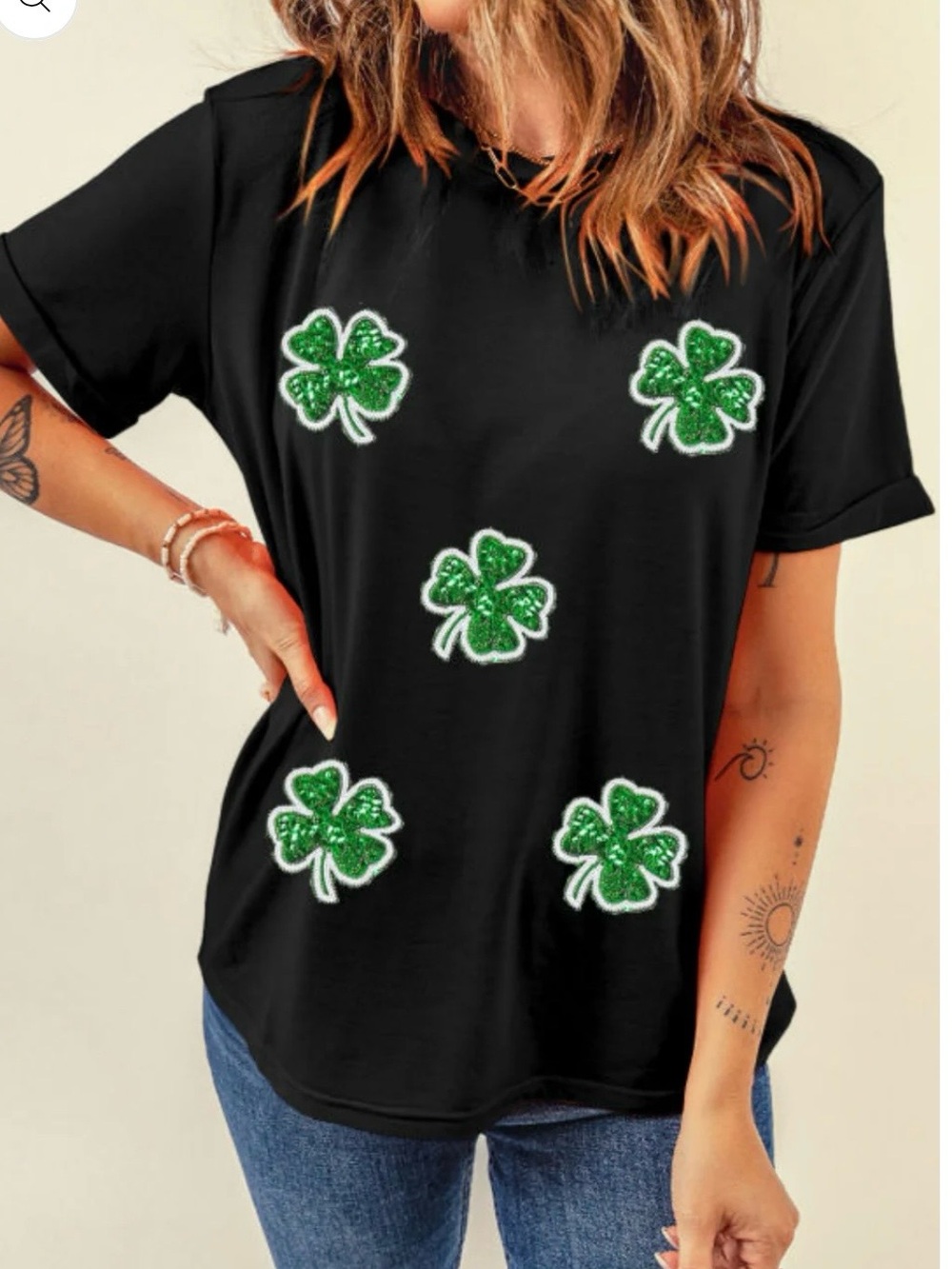 Women’s St. Patrick’s Day Shamrock T-Shirt Black Sequin Clover Top medium New